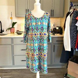 Liz Claiborne Lightweight Scoop Neck Dress Southwestern Vibe 3/4 Sleeve Size Lar